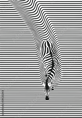 Striking black and white Op Art vector illustration of a zebra blending into a distorted striped background. Creates a dynamic optical illusion. Perfect for modern art posters, abstract branding, or e