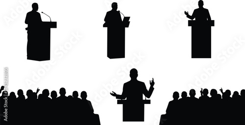 Silhouettes of a public speaker or presenter at a podium delivering a speech, engaging an audience with questions, conference, and business communication vector.