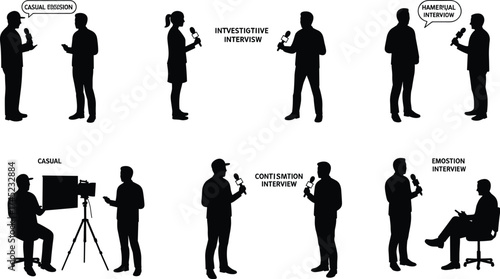 Silhouettes of journalists and reporters conducting various types of interviews, including investigative, casual, and emotional media communication, news and press.