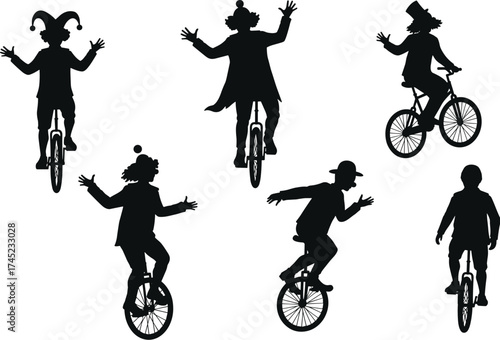 Silhouettes of circus clowns and performers riding unicycles, juggling, holding flowers, entertainment and amusement, isolated black vector figures, fun show.