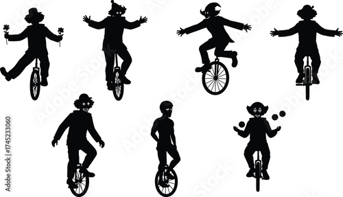 Silhouettes of circus clowns and performers riding unicycles, juggling, holding flowers, entertainment and amusement, isolated black vector figures, fun show.