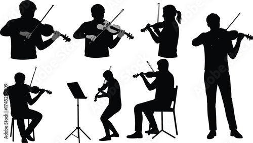 Multiple silhouettes of violinists playing classical music, standing and seated musicians, string instrument concert performance, isolated black vector figures, musical art.