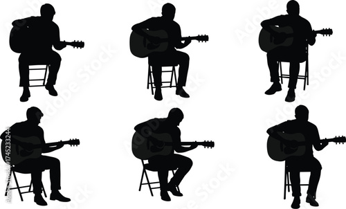 Silhouettes of seated musicians playing an acoustic guitar, practicing music, folk, country, or rock performance, isolated black shadow figures, musical artist.