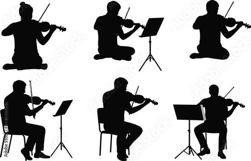 Multiple silhouettes of violinists playing classical music, standing and seated musicians, string instrument concert performance, isolated black vector figures, musical art.