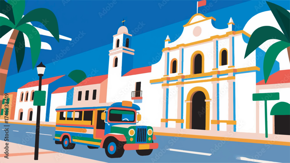 Naklejka premium Illustration Of Intramuros With Spanish Colonial Architecture And Colorful Jeepneys On The Street Vector Design Template