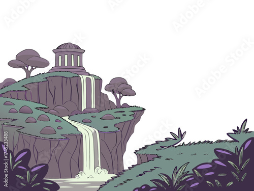 Mystical Oasis: An ethereal, illustrative depiction of a serene landscape featuring a cascading waterfall, lush vegetation, and an ancient architectural structure.