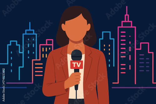 Female news anchor reporting in urban night scene with neon skyline