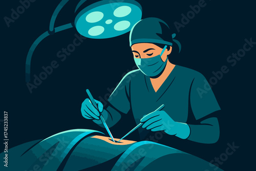 Surgeon performing operation in modern flat design under surgical light