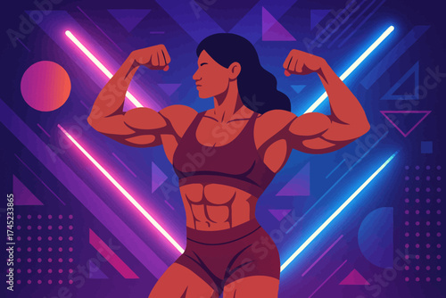 Strong woman bodybuilder in neon geometric background