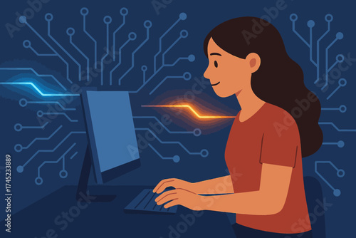 Woman engaged in technology on computer with circuit background in flat design
