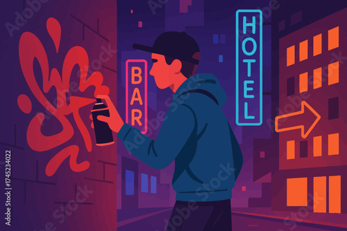 Urban street art at night with neon lights and graffiti artist in action
