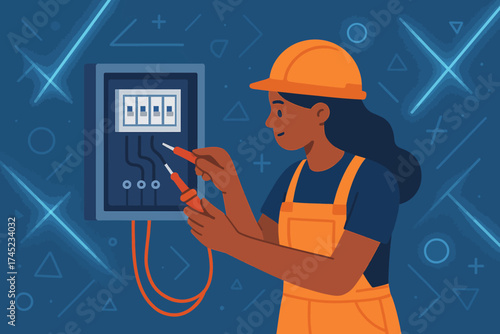 Electrician working on circuit breaker panel illustration in modern flat design