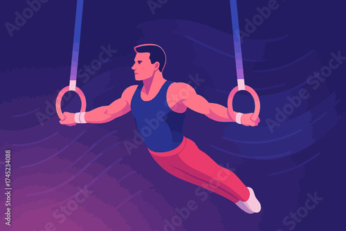 Athletic gymnast performing on rings with graceful precision in dynamic gradient style