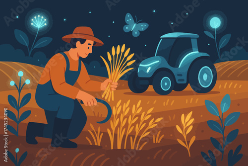 Farmer harvesting wheat at night with glowing tractor in stylized landscape
