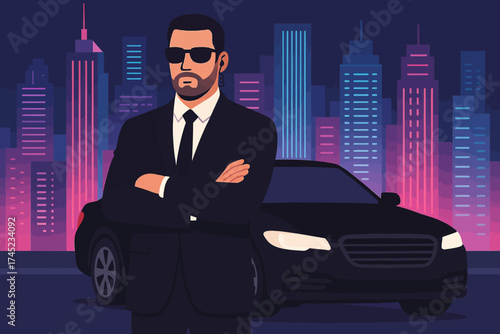 Confident bodyguard in suit poses against neon cityscape at night