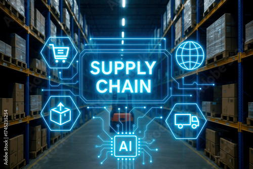 Warehouse with AI and supply chain icons and a forklift in the background artificial intelligence logistics