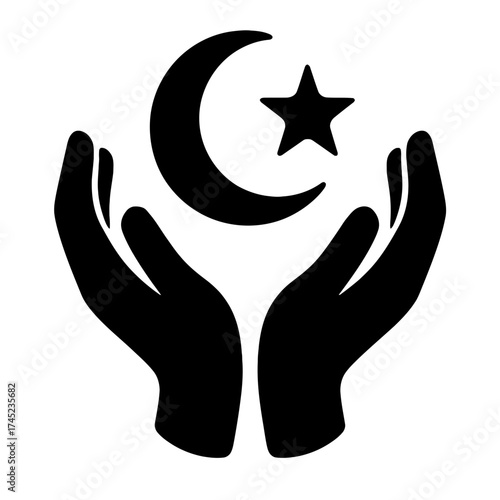 Cupped hands holding crescent moon and star silhouette, Islamic prayer symbol
