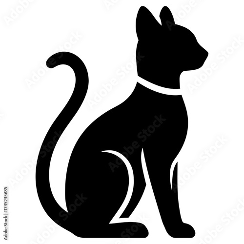 Sitting cat silhouette with curled tail and collar, side profile black on white