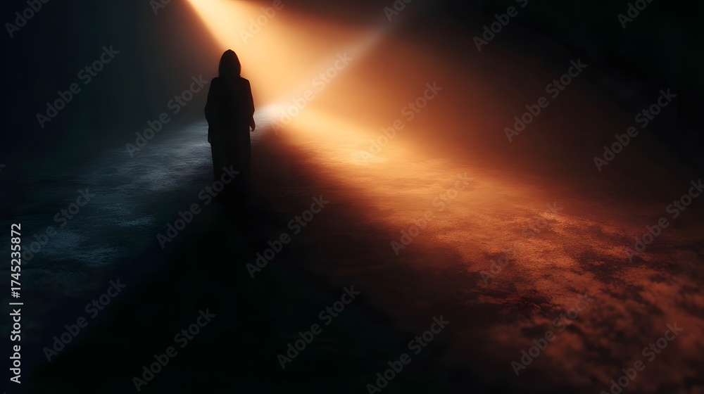 Fototapeta premium A solitary silhouetted figure stands between contrasting beams of light symbolizing a pivotal choice or journey