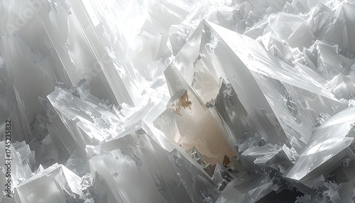Close-up of intricate, crystalline structures.  Interlocking,  faceted shapes in shades of white and light beige.  Illuminated areas highlight facets and crevices