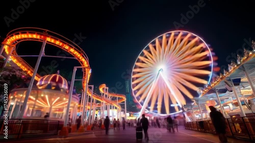 Amusement park rides glowing at night