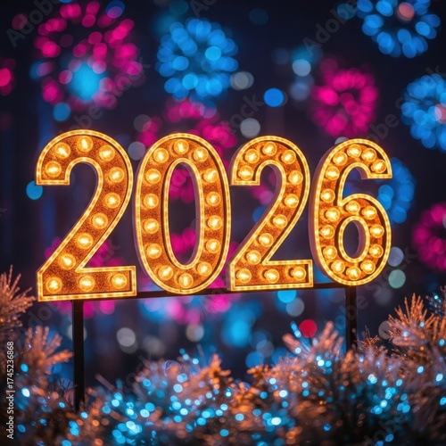 Wallpaper Mural Bright marquee lights displaying the year 2026 with festive bokeh background Torontodigital.ca