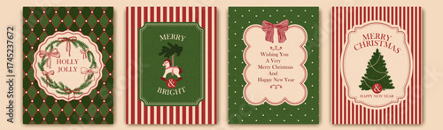Christmas, New Year retro holiday cards set. Season's greetings. Christmas tree, horse, bows, wreath. Vintage frame design. Old paper texture. Retro geometric patterns.