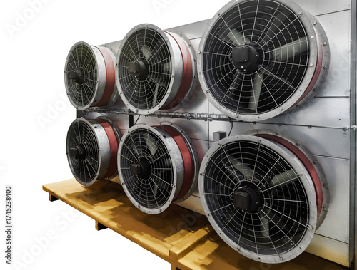 Industrial cooling system with large exhaust fans installed on a wooden platform for ventilation applications