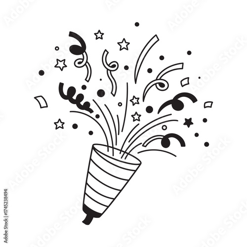 Exploding confetti popper silhouette celebrating festive fun and party occasions vector