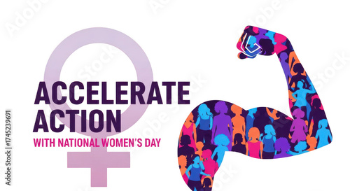 Female symbol with text and colorful muscular arm isolated on transparent background