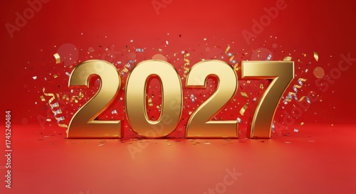 Wallpaper Mural Golden 2027 numbers with festive confetti on red background Torontodigital.ca