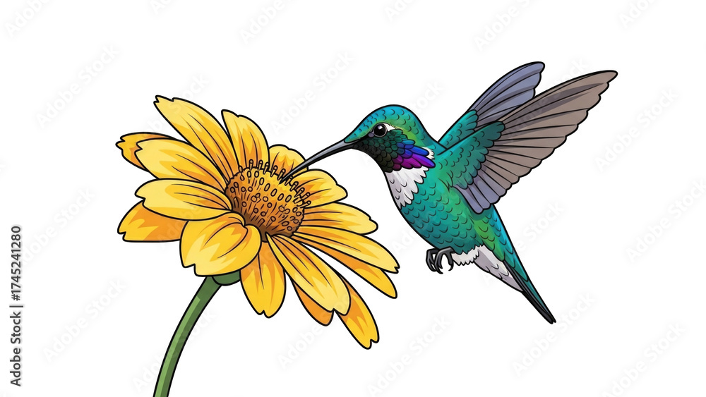 Obraz premium Hummingbird Feeding on Bright Yellow Flower in Nature (4)