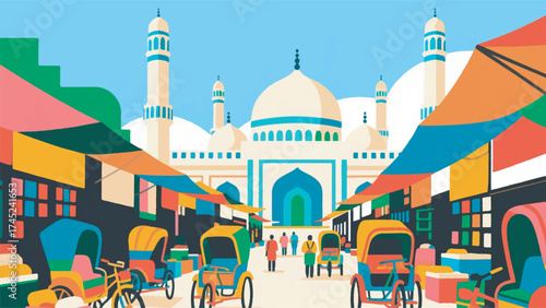 Illustration Of The Baitul Mukarram National Mosque With A Market Full Of Colorful Rickshaws Vector Design Template