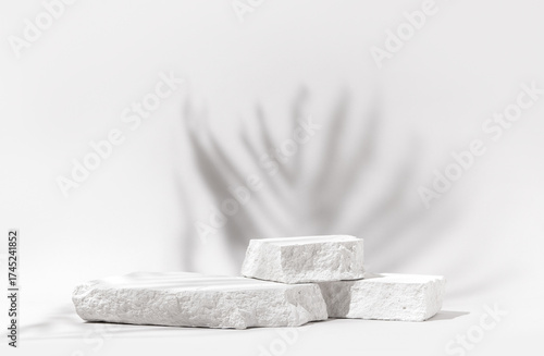 Minimal white stone podium with soft natural shadow for cosmetic product presentation. Clean modern scene for branding, skincare and natural beauty product display.