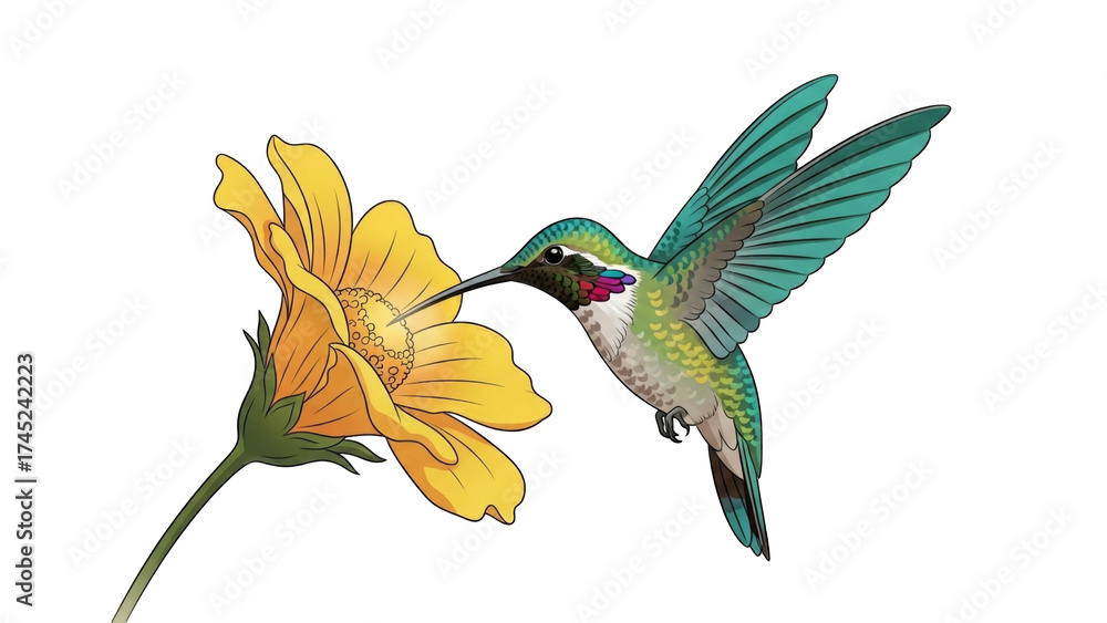 Obraz premium Hummingbird Feeding on Bright Yellow Flower in Nature (6)