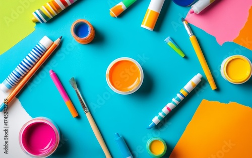 Colorful art supplies scattered on turquoise background. Paint tubes, brushes, markers, and paper create a bright and inspiring creative composition