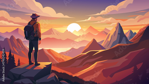 A man is standing on a mountain top, looking out at the sunset. The sky is filled with clouds and the sun is setting in the distance. The mountains in the background are covered in trees and rocks