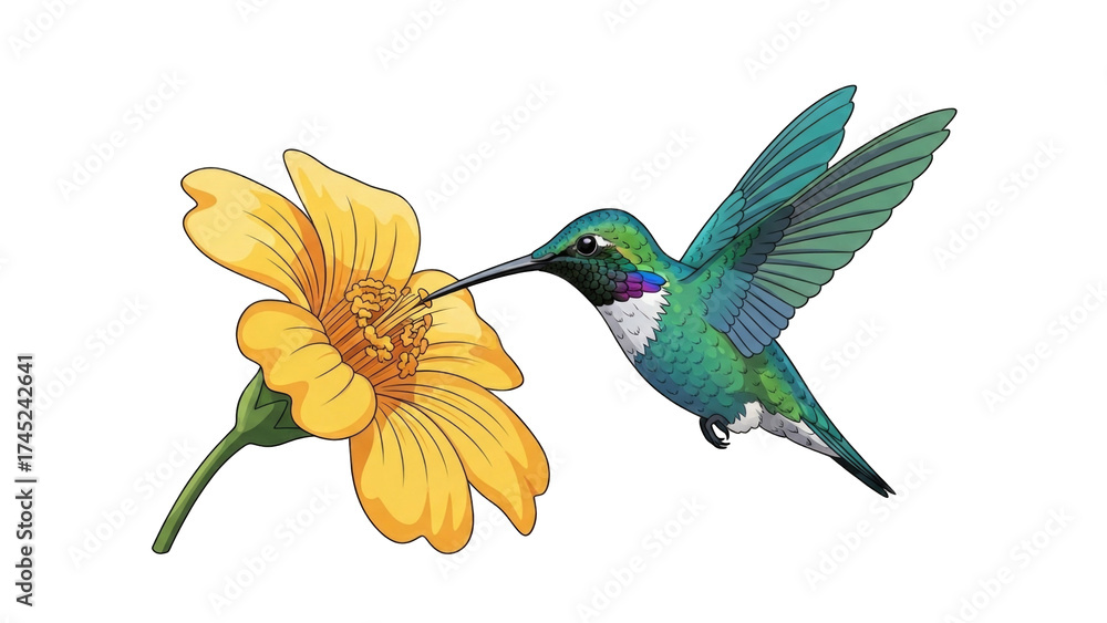 Obraz premium Hummingbird Feeding on Bright Yellow Flower in Nature (7)