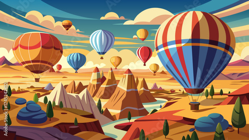 A colorful hot air balloon ride over a desert landscape. The balloons are scattered throughout the sky, with some flying higher than others. The scene is peaceful and serene