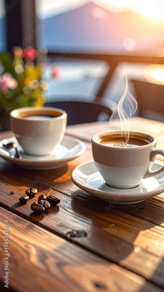 Fototapeta premium Two steaming coffee cups on a wooden table