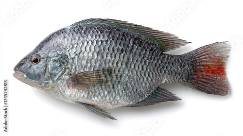 Fresh whole tilapia fish with silvery scales and reddish fins isolated on white background for culinary and seafood concepts