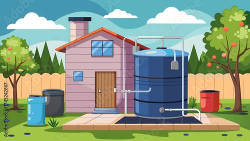 A house with a blue water tank in the yard. The house is surrounded by trees and a fence