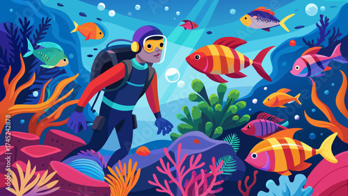 A man in a scuba suit is swimming in a colorful underwater scene with many fish. The man is surrounded by a variety of fish, including some that are swimming close to him. The scene is vibrant