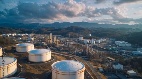 Industrial oil storage tanks aerial view