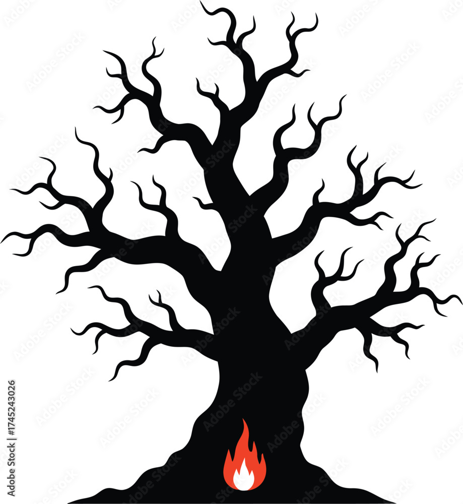 Fototapeta premium Spooky black silhouette of a dead, barren, and twisted oak tree with gnarled branches, featuring a small orange and red campfire burning at the base for a mystical gothic or halloween night vector.