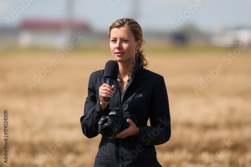 Woman Field Reporter. Young Newsman Reporting Live from Outdoors with Camera and Microphone