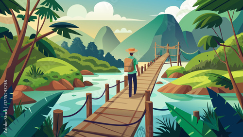 A man is walking across a bridge over a river. The bridge is wooden and spans across the water. The man is carrying a backpack. The scene is peaceful and serene
