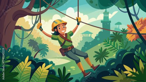 A girl is hanging from a rope in a jungle. She is wearing a helmet and a green shirt