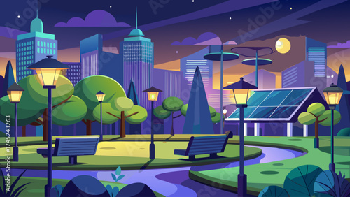 A city park with a path and benches. The park is lit up at night. The sky is dark and cloudy
