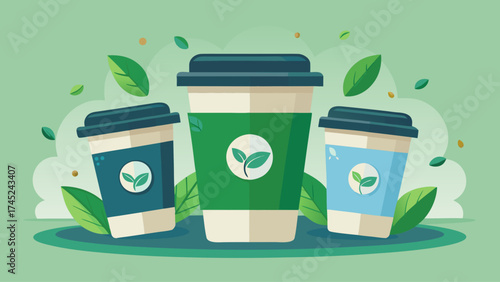 Three cups with green lids and leaves on them. The cups are placed on a green background